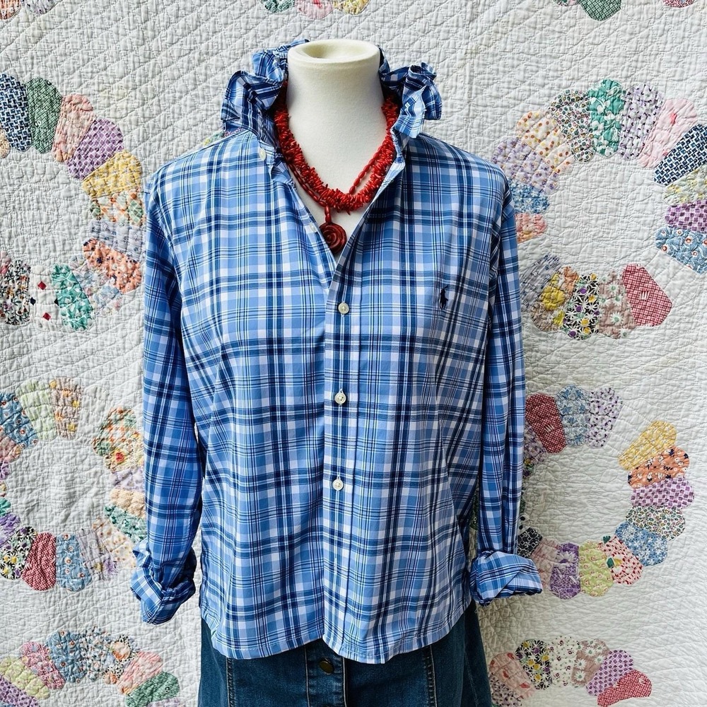 Upcycled Re-worked Ralph Lauren Performance Blue Plaid Ruffle Collar Shirt M - Picture 2 of 10